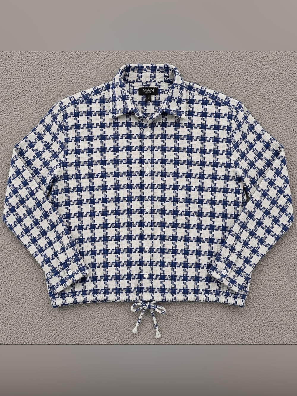 BoohooMAN Blue & White Textured Check Overshirt Jacket Size L
